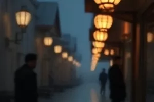 空白街区中空荡街道尽头亮着路灯的画面